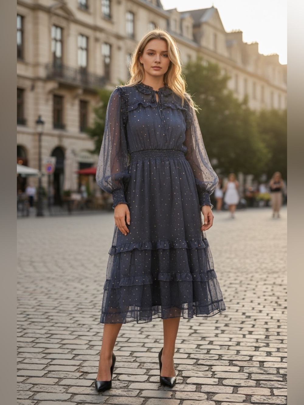 199 • French Blue Maxi Dress With Golden Triangles | Balloon Sleeve Tiered Dress